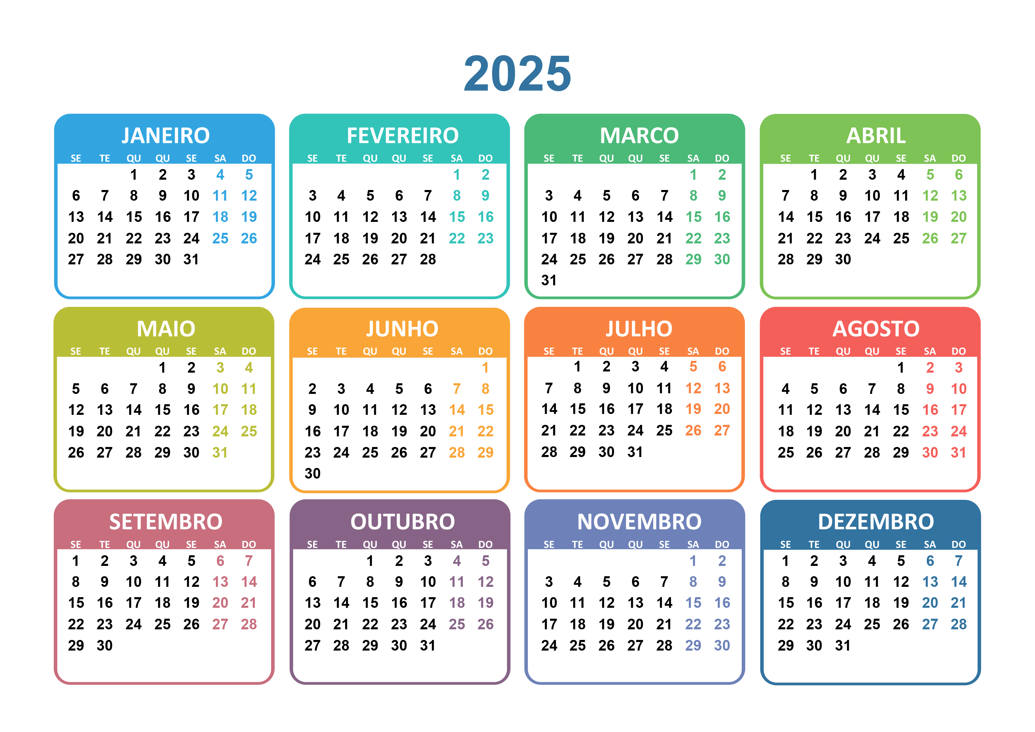 Calendário 2025 com Todos Feriados Focalizando