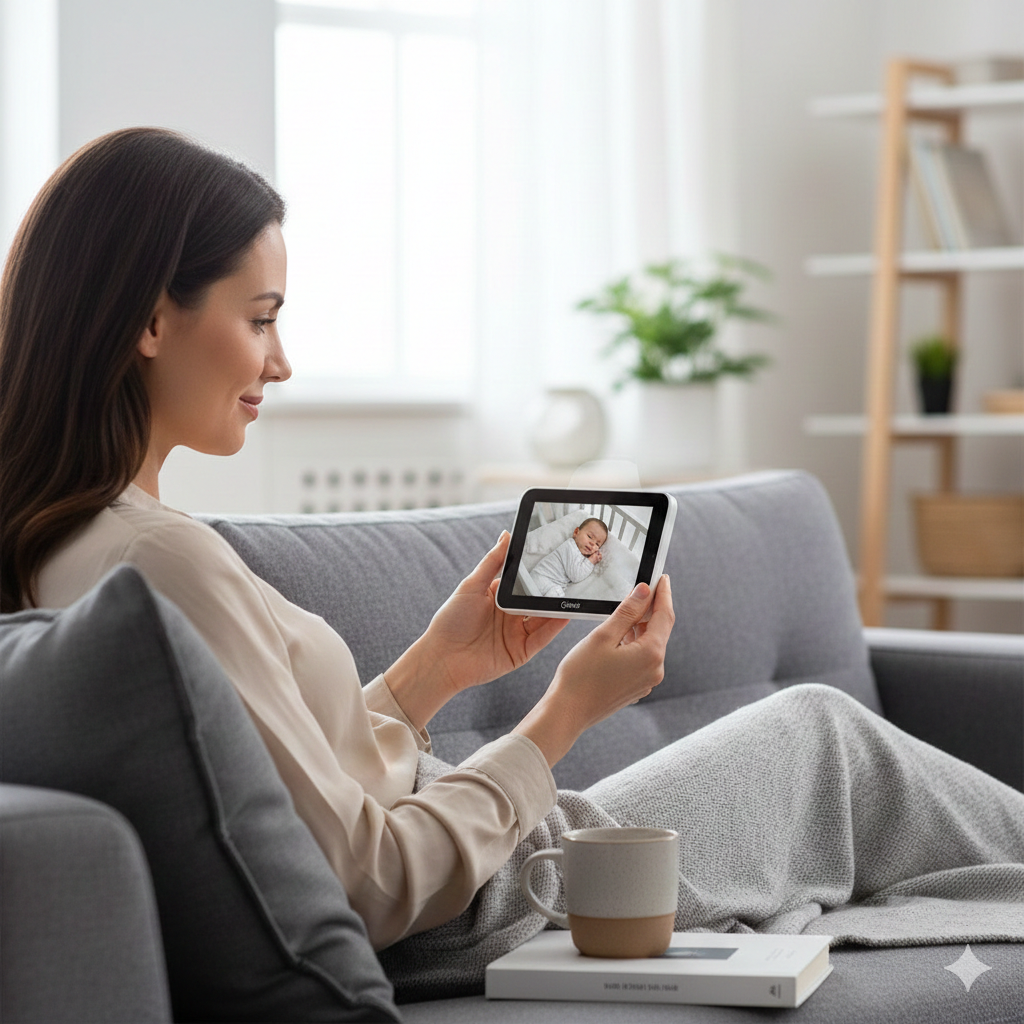 Monitor de babá eletrônica de alta tecnologia exibindo dados de saúde e imagem nítida de bebê dormindo