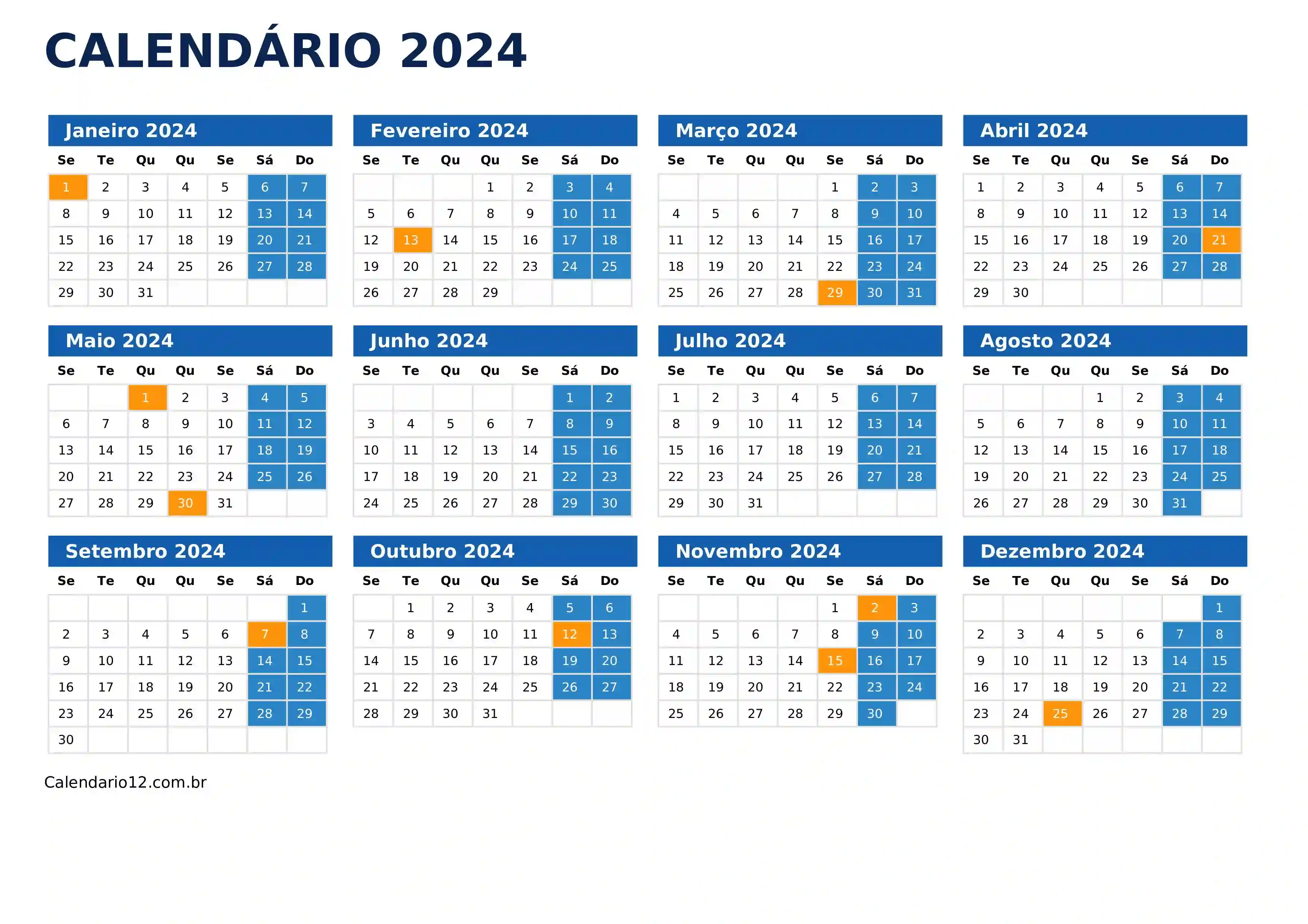calendário com feriado 2024