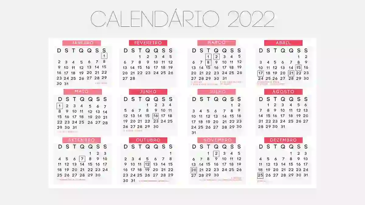 calendário com feriado 2022