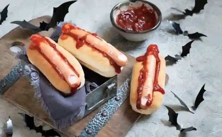 Halloween comida hot dog de dedo