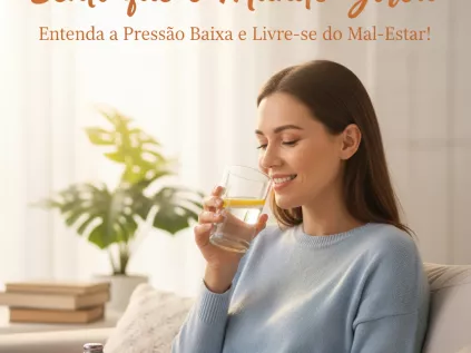 Mulher sentada e sorrindo bebendo um copo de água, aliviando os sintomas de pressão baixa